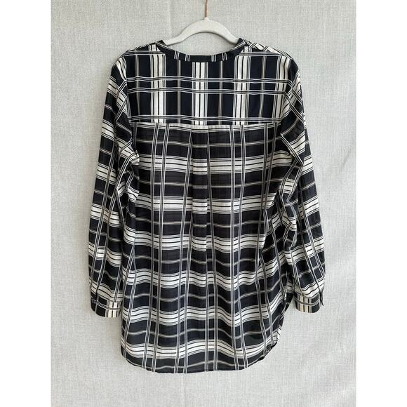 Theory Silk Tunic Blouse Sheer Black White Plaid Size Medium - Picture 2 of 7